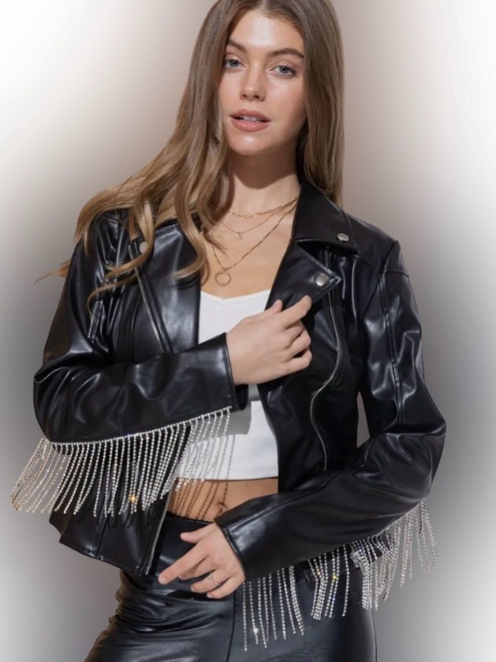 Rhinestone Fringe Black Leather Moto Jacket